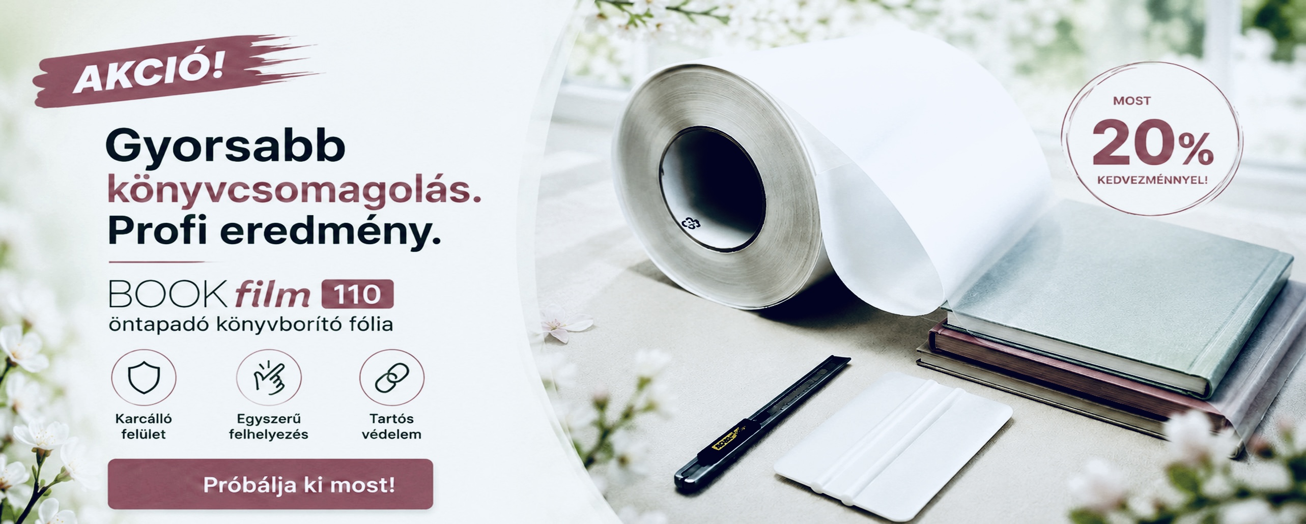 20% kedvezmény a Bookfilm 110 öntapadó könyvborító fóliára.